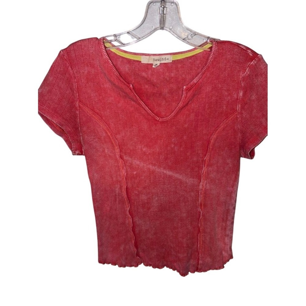 Rewind Womens Acid Wash Ribbed‎ Split Neck Lettuce Hem Top Pink Size M I0329